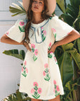 Floral Short Sleeve Split Neck Mini Dress