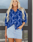 Floral 3/4 Sleeve Notched Neck Blouse