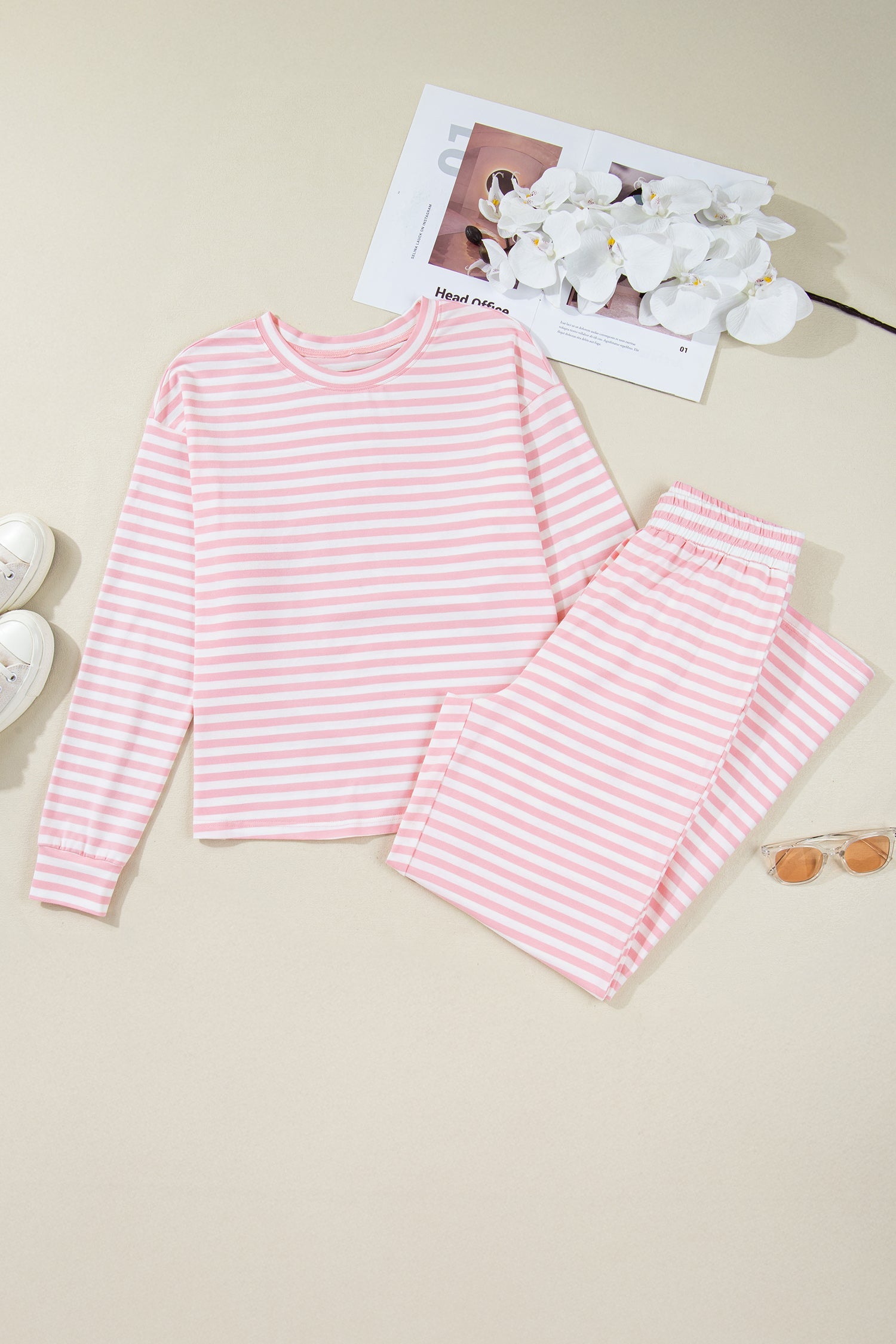 Stripe Drop Shoulder Top &amp; Buttoned Pants Set