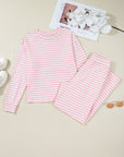 Stripe Drop Shoulder Top & Buttoned Pants Set