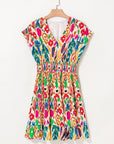 Abstract V-Neck Dolman Sleeve Ruffle Tiered Mini Dress