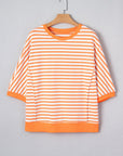 Stripe 3/4 Sleeve Exposed Seam Pullover Top