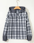 Plaid Quarter-Button Patchwork Long Sleeve Hooded Blouse