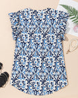 Abstract Boho V-Neck Pintuck Ruffle Sleeve Top