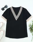 Lace Trim V-Neck Short Sleeve Casual Blouse