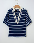 Stripe Stand Collar V-Neck Dolman Sleeve Top