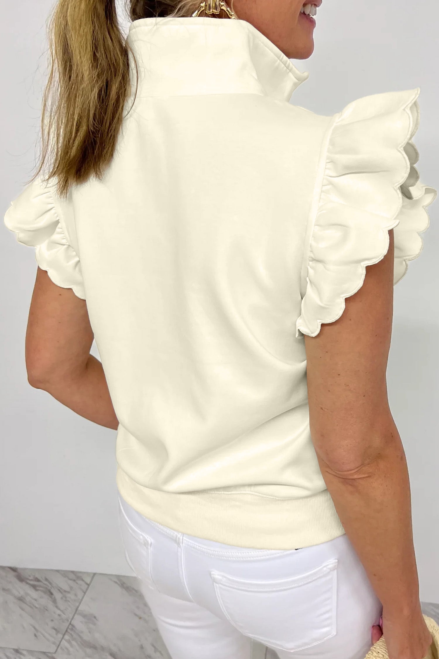 Solid Zip-Up Collared Ruffle Short Sleeve Blouse