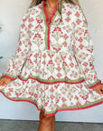 Floral Contrast Trim Frilled Neck Dress