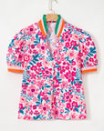 Floral Contrast Stripe Short Sleeve Blouse