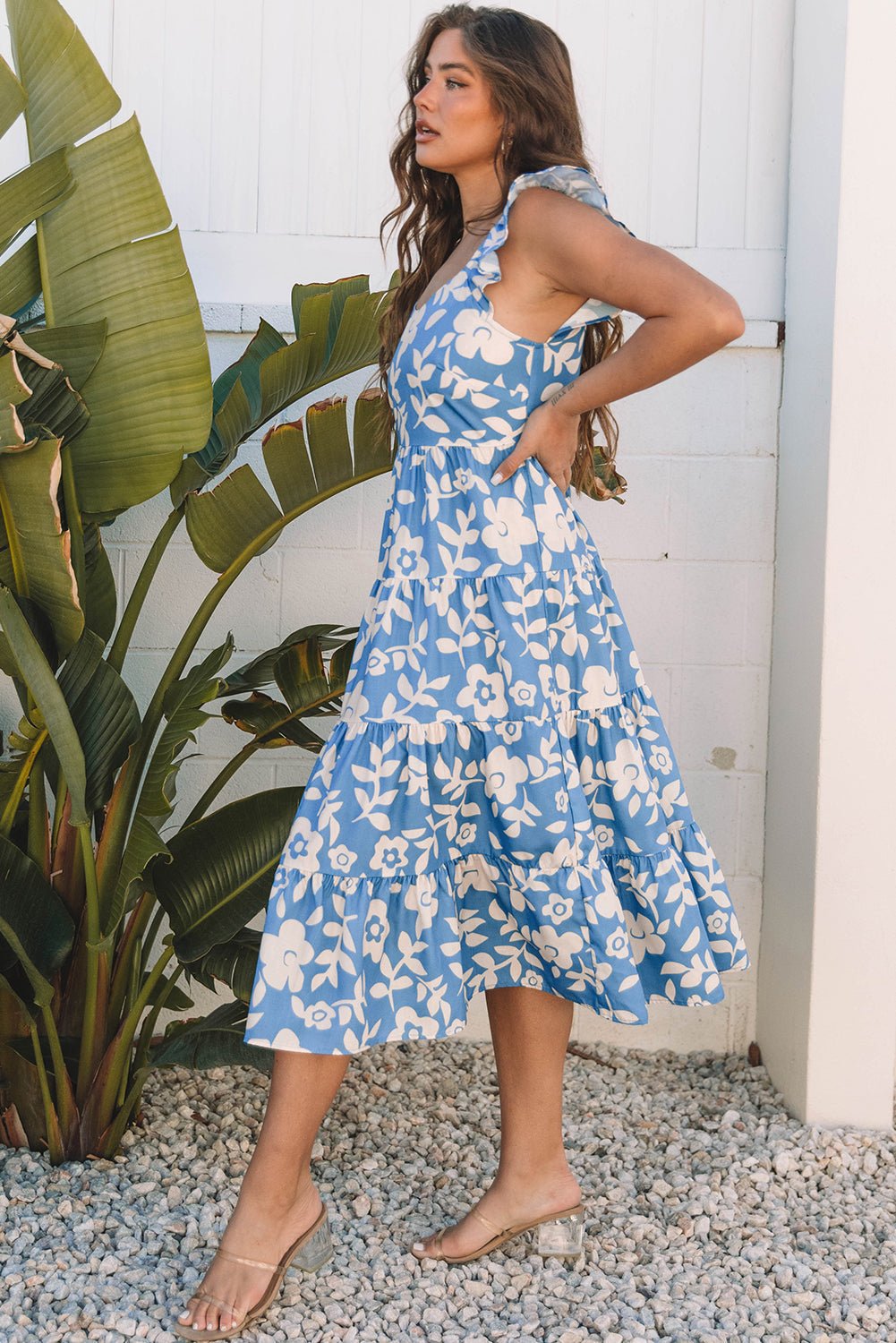 Henley Floral U Neck Flutter Shoulder Tiered Midi Dress