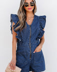 Denim Ruffle Sleeve Zip Front Belted Romper