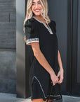Leopard Trim Short Puff Sleeve Mini Dress