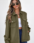 Solid Flap Pocket Shirt Collar Zip Up Jacket