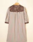 Stripe Leopard Trim 3/4 Sleeve Midi Shirt Dress
