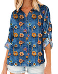 Floral Patchwork Long Sleeve Collared V-Neck Blouse