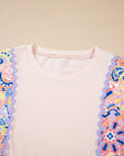 Floral Plaid Patchwork Puff Sleeve Blouse