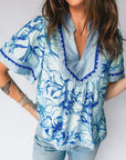 Floral Scalloped Ricrac Trim V-Neck Blouse