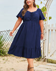 Plus Size Ruched Lace-Up Short Sleeve Midi Dress