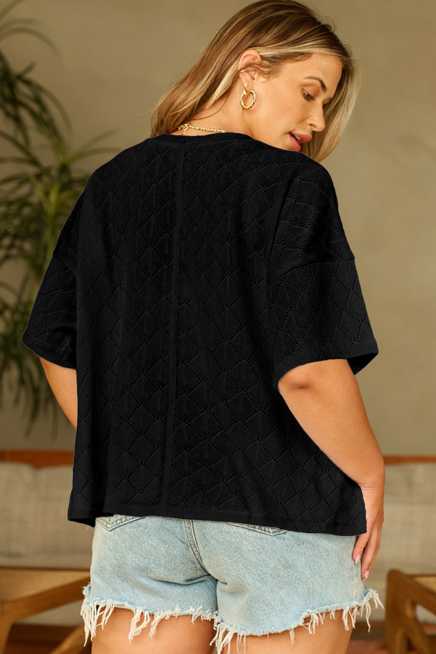 Plus Size Rhombus Pointelle Knit V-Neck Top