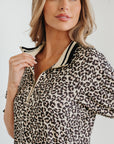 Leopard Stripe Patchwork Zip Collar Mini Dress