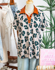 Leopard Buttoned Contrast Collar Short Sleeve Blouse