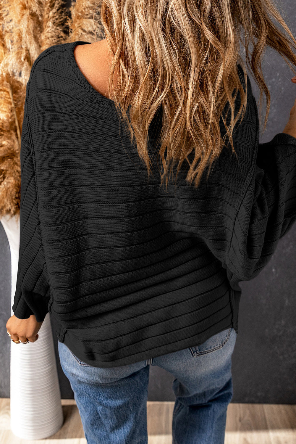 Ribbed Knit Reverse Seam 3/4 Sleeve Sweater