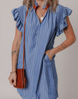 Stripe Frilly Neck Shirred Ruffle Sleeve Mini Dress