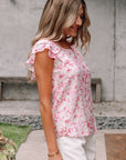 Floral Bow-Back Square Neck Ruffle Sleeve Blouse
