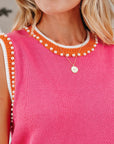 Contrast Trim Pearl Crewneck Sweater Top