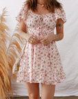Floral Front Tie Shirred Waist Ruffle Mini Dress