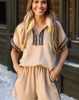 Leopard Trim Half-Zip Top and Shorts Set