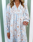 Floral Tie Neck Long Sleeve Mini Dress