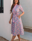 Floral Puff Sleeve Button Front Belted Midi Dress