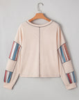 Stripe Waffle Knit Patchwork Raw Edge Henley Top
