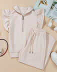Textured Ruffle Half Zip Top and Pants Set