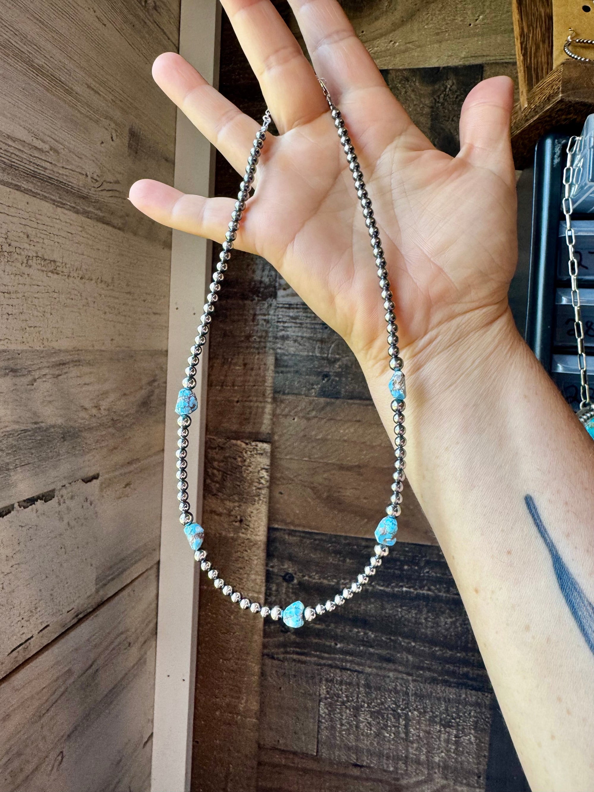 Golden Hill Turquoise &amp; Sterling Silver Pearl Necklace – 16" + Extender
