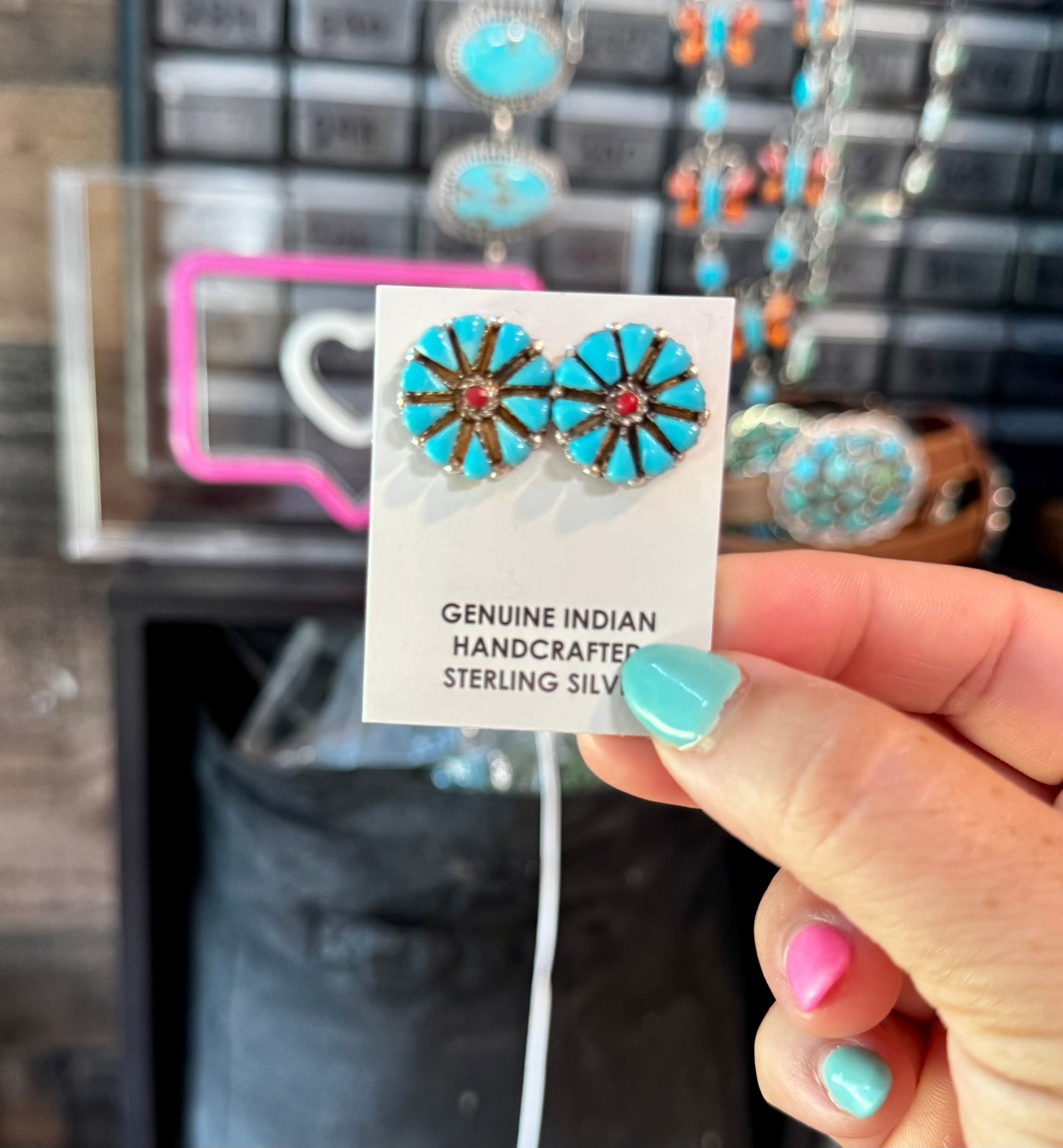 Blue Magnesite Turquoise &amp; Red Cluster Stud Earrings