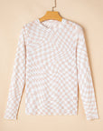 Checker Mesh Mock Neck Long Sleeve Top