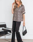 Leopard Half Zip Stripe Trim Short Sleeve Top