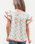 Geometric Floral V-Neck Layered Flutter Sleeve Blouse