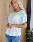 Floral Contrast Stripe Insert Sleeve Round Neck Tee