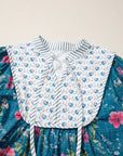 Floral Stripe Patchwork Long Puff Sleeve Blouse