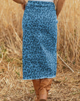 Leopard Denim Frayed Hem Midi Skirt