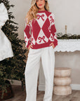 Bow Colorblock Rhombus Drop Shoulder Sweater