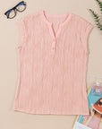 Wavy Textured Button V-Neck Casual Tee
