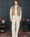 CHECKERED CROPPED PUFFER VEST: BROWN