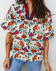 Floral Contrast V-Neck Puff Sleeve Blouse