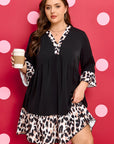 Plus Size Leopard Patchwork V-Neck Ruffle Dress