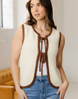 Contrast Trim Tie Front Ribbed Knit Sweater Vest