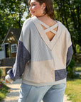 Plus Size Textured Patchwork Long Sleeve V-Neck Top